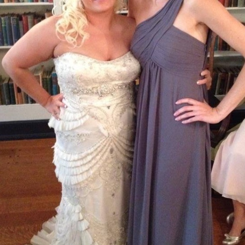 Bill Levkoff Pewter bridesmaid dress. One shoulder